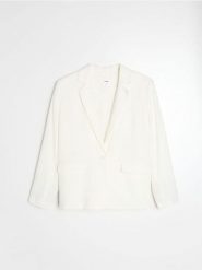 Żakiet z kieszeniami z domieszką wiskozy i lnu - biały. Białe żakiety damskie Sinsay, l, bez wzorów, z wiskozy. Za 79.99 zł.