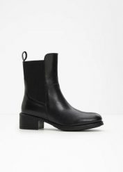 Botki ze skóry. Czarne botki damskie bonprix, ze skóry, bez obcasa, bez zapięcia. Za 249.99 zł.