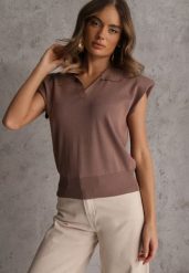 Brązowa Sweterkowa Bluzka z Wiskozy z Kołnierzykiem i Usztywnioną Linią Ramion Helite. Brązowe bluzki damskie Renee, bez wzorów, z jeansu, eleganckie, bez kołnierzyka, bez ramiączek. Za 69.99 zł.
