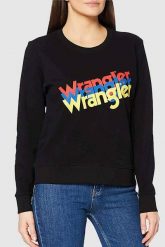 DAMSKA BLUZA MATERIAŁOWA WRANGLER CREW SWEAT BLACK W6Z2HA100 112130860. Czarne bluzy damskie Wrangler, s, bez wzorów, z materiału, bez kaptura. Za 149.99 zł.