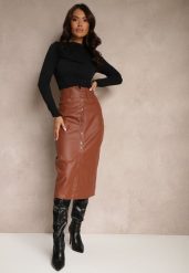 Jasnobrązowa Spódnica z Ekoskóry High Waist z Rozcięciem i Napami z Przodu Asttia. Brązowe spódnice damskie Renee, na zimę, l, bez wzorów, z bawełny, z podwyższonym stanem, midi, dopasowane. Za 79.99 zł.