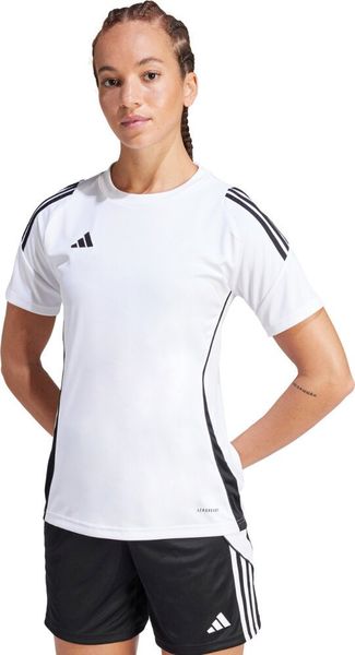 Adidas Koszulka damska Tiro 24 Jersey biało-czarna IS1024 XS. Białe t-shirty damskie Adidas, xs, bez wzorów, z jersey, bez kołnierzyka. Za 99.39 zł.