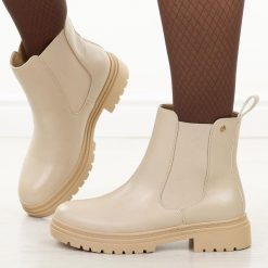 Beżowe sztyblety damskie Potocki 12201. Brązowe obuwie sportowe damskie POTOCKI, bez wzorów, z jeansu, trekkingowe. Za 149.00 zł.