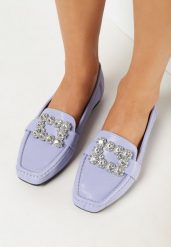 Fioletowe Mokasyny z Kryształkami i Kwadratowym Noskiem Hininea. Fioletowe mokasyny damskie Born2be, eleganckie. Za 74.99 zł.