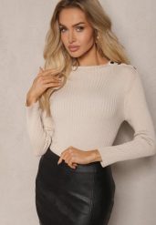 Jasnobeżowy Sweter z Wiskozą z Prążkowanego Materiału Ozdobiony Napami Beroma. Brązowe swetry damskie Renee, m, bez wzorów, z jeansu, casualowe, bez kołnierzyka, bez ramiączek, bez kaptura. Za 99.99 zł.