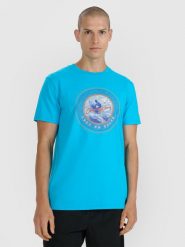 4F T-shirt regular z nadrukiem męski - niebieski M. Niebieskie t-shirty męskie 4f, m, bez wzorów, z bawełny, klasyczne, bez kołnierzyka. Za 69.99 zł.