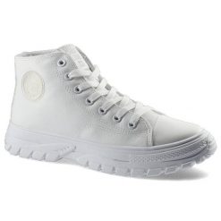 Sneakersy damskie Big Star, wykonane z materiału tekstylnego o wzmocnionej strukturze z wysoką cholewką klasycznym sznurowaniem gumowym noskiem, biał. Białe półbuty damskie Big Star, bez wzorów, z gumy, klasyczne, bez obcasa, na płaskiej podeszwie, bez zapięcia. Za 84.55 zł.