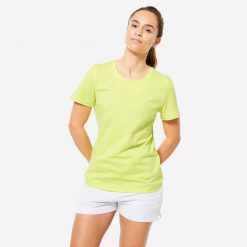 Koszulka z krótkim rękawem damska Domyos Gym & Pilates 500 Essentials. Szare koszulki sportowe damskie DOMYOS, xs, bez wzorów, z bawełny, sportowe, bez kołnierzyka. Za 39.99 zł.