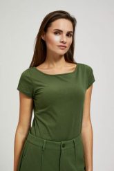 Gładka bluzka z okrągłym dekoltem khaki. Brązowe bluzki damskie MOODO, xs, bez wzorów, bez kołnierzyka, bez ramiączek. W wyprzedaży za 13.99 zł.