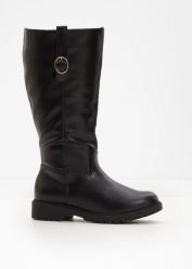 Kozaki z szeroką cholewką. Czarne kozaki damskie bonprix, bez obcasa. Za 169.99 zł.