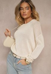 Beżowy Sweter Ażurowy z Wiskozy Sanarela. Brązowe swetry damskie Renee, m, w ażurowe wzory, z jeansu, bez kołnierzyka, bez ramiączek, długie, bez kaptura. Za 89.99 zł.