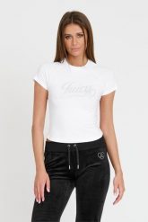 JUICY COUTURE Biały t-shirt Retroshrunken Tee. Białe t-shirty damskie Juicy Couture, s, bez wzorów, bez kołnierzyka. W wyprzedaży za 128.99 zł.