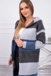 Sweter w pasy trzykolorowy grafitowy+szary+jeans. Szare swetry damskie KESI, l, bez wzorów, z jeansu, bez kołnierzyka, plus size, bez ramiączek, długie, z kapturem. Za 123.43 zł.
