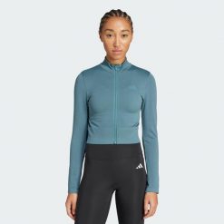 Bluza Workout Essentials Full-Zip Knit. Niebieskie bluzy sportowe damskie Adidas, m, bez wzorów, bez kaptura, climacool (adidas). W wyprzedaży za 142.35 zł.