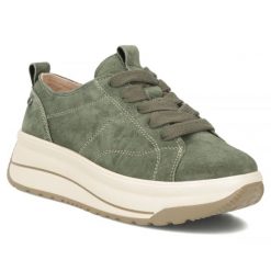 Skórzane sneakersy na platformie zielone Filippo DP7959. Zielone półbuty damskie Filippo, bez wzorów, ze skóry, sportowe, bez obcasa, na platformie, bez zapięcia. Za 209.99 zł.