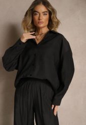 Czarna Koszula Oversize w Klasycznym Stylu z Kieszonką Liozira. Czarne bluzki damskie Renee, l, bez wzorów, biznesowe, bez kołnierzyka, bez ramiączek. Za 84.99 zł.