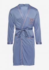 Niebieski Szlafrok z Bawełną Zdobiony Elegancką Lamówką i Aplikacją z Wiązanym Paskiem Attelora. Niebieskie szlafroki męskie Born2be, l, z aplikacjami, z bawełny, bez ramiączek, bez kaptura. Za 59.99 zł.