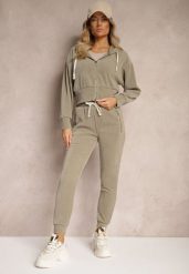 Ciemnozielony Komplet Dresowy z Dodatkiem Bawełny Spodnie z Gumką w Talii Bluza z Kapturem Sesaria. Zielone bluzy damskie Renee, l, bez wzorów, z bawełny, z kapturem. Za 129.99 zł.