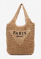 Ciemnobeżowa Torebka Shopper z Plecionką i Napisami Navessa. Brązowe torebki shopper damskie Born2be, bez wzorów, klasyczne, bez dodatków. Za 119.99 zł.