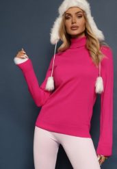 Fuksjowy Klasyczny Golf ze Ściągaczami przy Rękawach Felinia. Czerwone swetry damskie Renee, m, z aplikacjami, z jeansu, biznesowe, bez kołnierzyka, bez ramiączek, długie, bez kaptura. Za 69.99 zł.