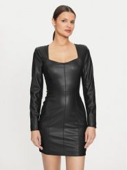 Guess Sukienka z imitacji skóry 4YGK20 7159A Czarny Regular Fit. Czarne sukienki damskie Guess, z aplikacjami, ze skóry, bez kołnierzyka, bez ramiączek. Za 649.99 zł.