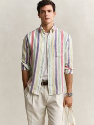 Gant koszula lniana Mężczyźni Regular Fit len wielokolorowy, XL. Koszule męskie GANT, m, bez wzorów, ze lnu, bez kołnierzyka, bez ramiączek. Za 479.95 zł.