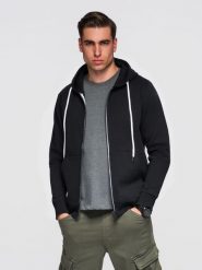 Męska bawełniana bluza dresowa BASIC rozpinana z kapturem - czarna V5. Czarne bluzy męskie Ombre Clothing, m, z aplikacjami, z bawełny, z kapturem. Za 189.99 zł.