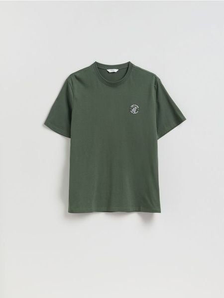 T-shirt regular z bawełny - oliwkowy. Zielone t-shirty męskie Reserved, l, bez wzorów, z bawełny, bez kołnierzyka. Za 49.99 zł.