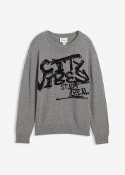 Sweter z czystej bawełny. Szare swetry dla chłopców bonprix, bez wzorów, z bawełny, bez kołnierzyka, bez kaptura. Za 82.99 zł.