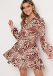 Beżowo-Pomarańczowa Sukienka Mini Rozkloszowana we Wzór Paisley z Materiałowym Paskiem Lirit. Brązowe sukienki damskie Born2be, na lato, l, bez wzorów, z materiału, bez kołnierzyka, bez ramiączek, mini, rozkloszowane. Za 129.99 zł.