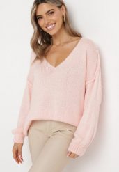 Różowy Sweter z Szerokimi Rękawami Armananis. Czerwone swetry damskie Born2be, bez wzorów, z dzianiny, bez kołnierzyka, bez ramiączek, bez kaptura. Za 89.99 zł.