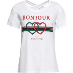 T-shirt z ozdobnym elementem z tyłu bonprix biały z nadrukiem. Bluzki damskie bonprix. Za 37.99 zł.