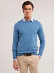 Sweter męski bawełniany niebieski Basilian 401. Niebieskie swetry przez głowę męskie Big Star, l, bez wzorów, z bawełny, bez kołnierzyka. W wyprzedaży za 99.99 zł.