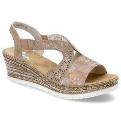Różowe Sandały Rieker Eleganckie Buty Na Koturnie. Czerwone klapki damskie Rieker, w ażurowe wzory, eleganckie, bez obcasa, na koturnie. Za 239.00 zł.