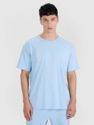 4F T-shirt oversize z nadrukiem męski - niebieski S. Niebieskie koszulki sportowe męskie 4f, m, bez wzorów, z bawełny, eleganckie, bez kołnierzyka. W wyprzedaży za 59.99 zł.