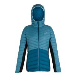 Damska kurtka z kapturem Regatta Leedre. Niebieskie kurtki damskie Regatta, bez wzorów, z puchu, z kapturem, trekkingowe. Za 259.99 zł.