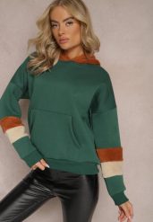 Zielona Bawełniana Bluza z Kapturem i Wstawkami z Polaru Qilin. Zielone bluzy damskie Renee, z aplikacjami, z bawełny, z kapturem. Za 84.99 zł.