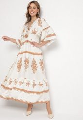 Beżowa Sukienka Boho z Wiskozą w Etniczny Wzór z Szeroką Gumką w Pasie Efanielis. Brązowe sukienki damskie Born2be, na co dzień, na lato, m, z aplikacjami, z wiskozy, boho, bez kołnierzyka, bez ramiączek, maxi, rozkloszowane. Za 159.99 zł.