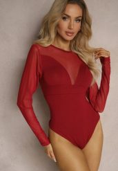 Bordowe Wiskozowe Body z Transparentnymi Wstawkami i Zapięciem na Haftki Maivia. Czerwone bluzki damskie Renee, l, bez wzorów, z jeansu, biznesowe, bez kołnierzyka, bez ramiączek. Za 49.99 zł.
