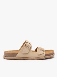 Piaskowe klapki z dwoma paskami. Brązowe klapki damskie Ryłko, bez wzorów, ze skóry, eleganckie, bez obcasa, na płaskiej podeszwie. Za 379.99 zł.