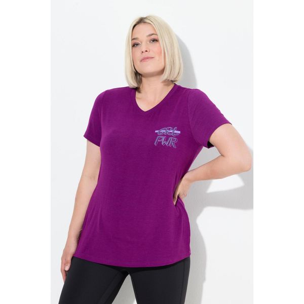 Damskie Bluzka funkcyjna wycięcia dekolt w serek rękaw 1/2 z recyklingu. Fioletowe koszulki sportowe damskie Ulla Popken, plus size, bez wzorów, z elastanu, bez kołnierzyka, bez ramiączek. Za 199.99 zł.