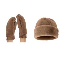 Damskie rękawiczki Teddy i czapka puchowa, rozmiar uniwersalny, kolor taupe. Brązowe czapki i kapelusze damskie Sarlini, na zimę, bez wzorów, z materiału, eleganckie. Za 186.35 zł.