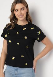 Czarny T-shirt z Bawełny Ozdobiony Haftem Hiraviel. Czarne bluzki damskie Born2be, m, bez wzorów, z bawełny, bez kołnierzyka. Za 84.99 zł.