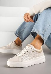 Jasnobeżowe Sneakersy Typu Tenisówki z Ozdobną Perforacją Mariselia. Brązowe trampki i tenisówki damskie Renee, bez wzorów, bez zapięcia. Za 109.99 zł.