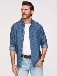 Męska bawełniana koszula z cienkiego jeansu we wzór– niebieska V2 - Rozmiar: L. Niebieskie koszule męskie Ombre Clothing, l, bez wzorów, z bawełny, biznesowe, bez kołnierzyka, bez ramiączek. Za 189.99 zł.
