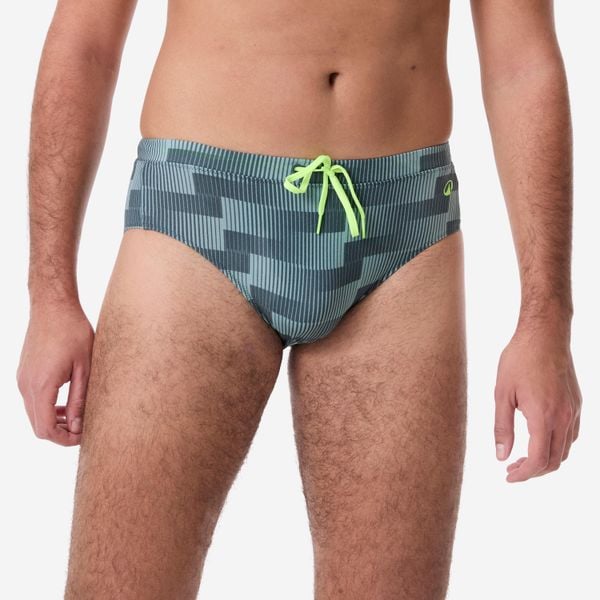 Slipki pływackie męskie Decathlon Plus. Zielone kąpielówki męskie Decathlon, m, bez wzorów, z elastanu, do pływania. Za 34.99 zł.