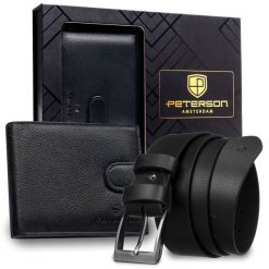 Zestaw prezentowy: skórzany, poziomy portfel męski w czarnym kolorze z systemem RFID i pasek ze skóry ekologicznej - Peterson. Czarne paski damskie Peterson, bez wzorów, ze skóry ekologicznej, klasyczne. Za 109.00 zł.