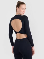 4F Longsleeve treningowy crop-top z wycięciem na plecach damski - czarny M/L. Czarne koszulki sportowe damskie 4f, l, bez wzorów, bez kołnierzyka, bez ramiączek. W wyprzedaży za 69.99 zł.