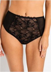 Koronkowe stringi z wysokim stanem. Czarne stringi damskie bonprix, bez wzorów, z koronki. Za 42.99 zł.