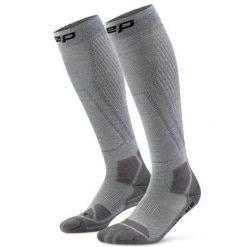 Wysokie skarpety hikingowe kompresyjne dla mężczyzn z lekką amortyzacją CEP. Szare skarpety męskie CEP, bez wzorów, z elastanu. Za 209.00 zł.